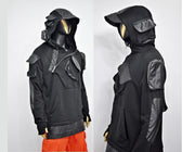 XS-8XL Men's Black Faux Leather Sleeves Loose Tech Pockets Hoodie, Cyber Goth ,Long Asymmetric Cosplay, Futuristic- Post Apocalyptic- BB0174