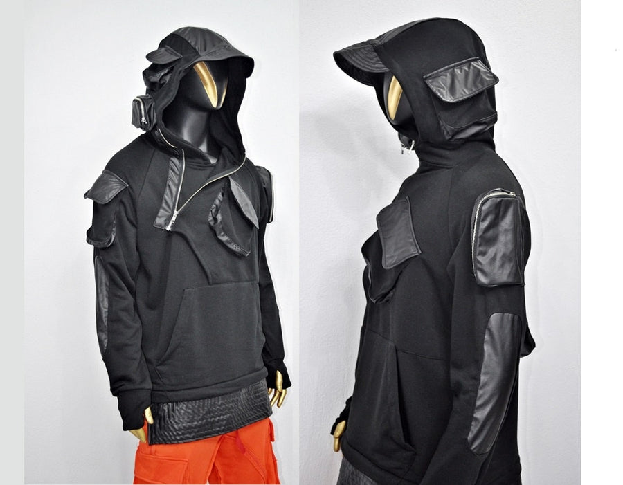 XS-8XL Men's Black Faux Leather Sleeves Loose Tech Pockets Hoodie, Cyber Goth ,Long Asymmetric Cosplay, Futuristic- Post Apocalyptic- BB0174