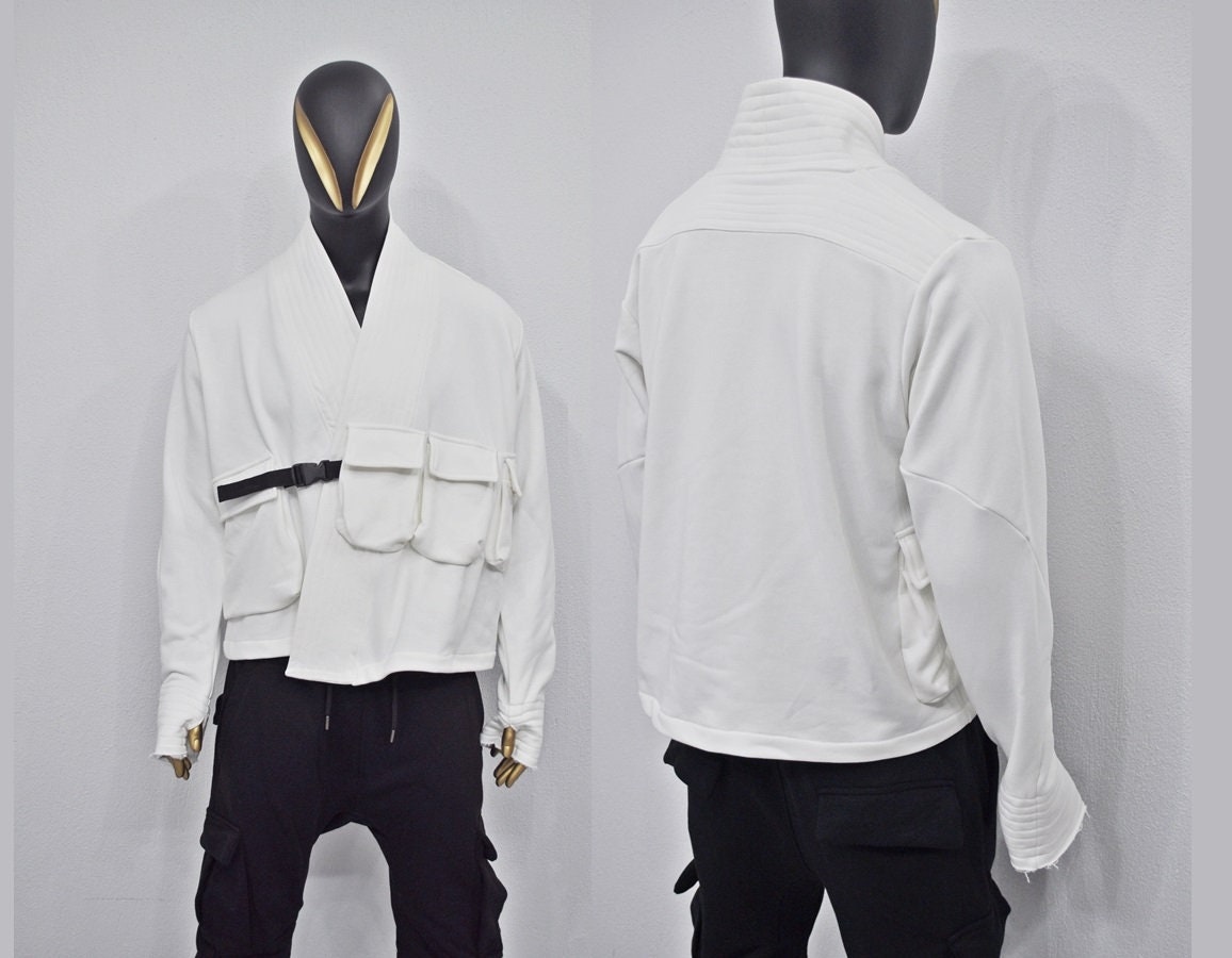 XS-8XL White Cotton Front Pockets Jacket Kimono Look, Tie-up, Ninja Assassin Jacket,Steampunk Gothic-Post Apocalyptic Dystopian-BB0173