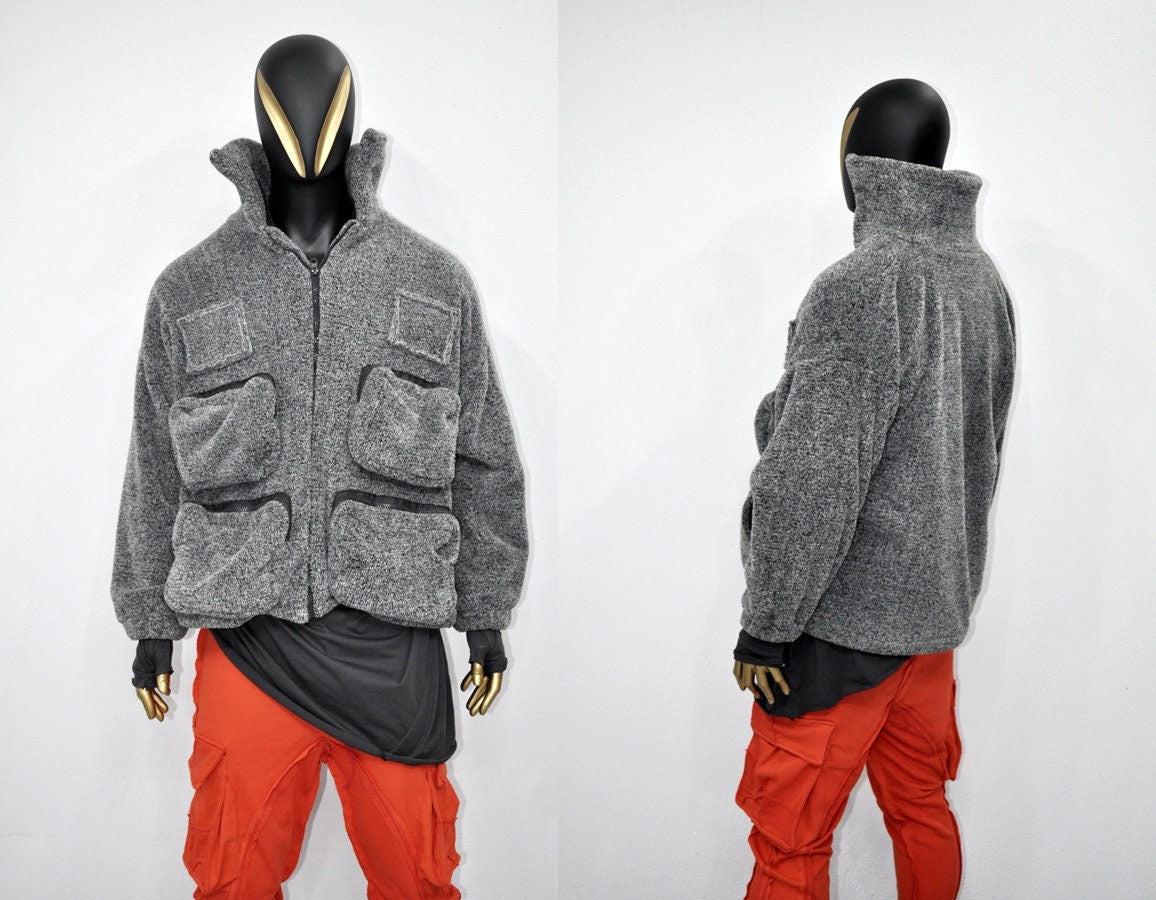 XS-8XL Men's Loose Utility Soft Warm Oversized Welsoft Jacket, Adjustable Hem,MultiFunctional ,Calm Relax, Cyber, Gothic,Techwear Top-BB918