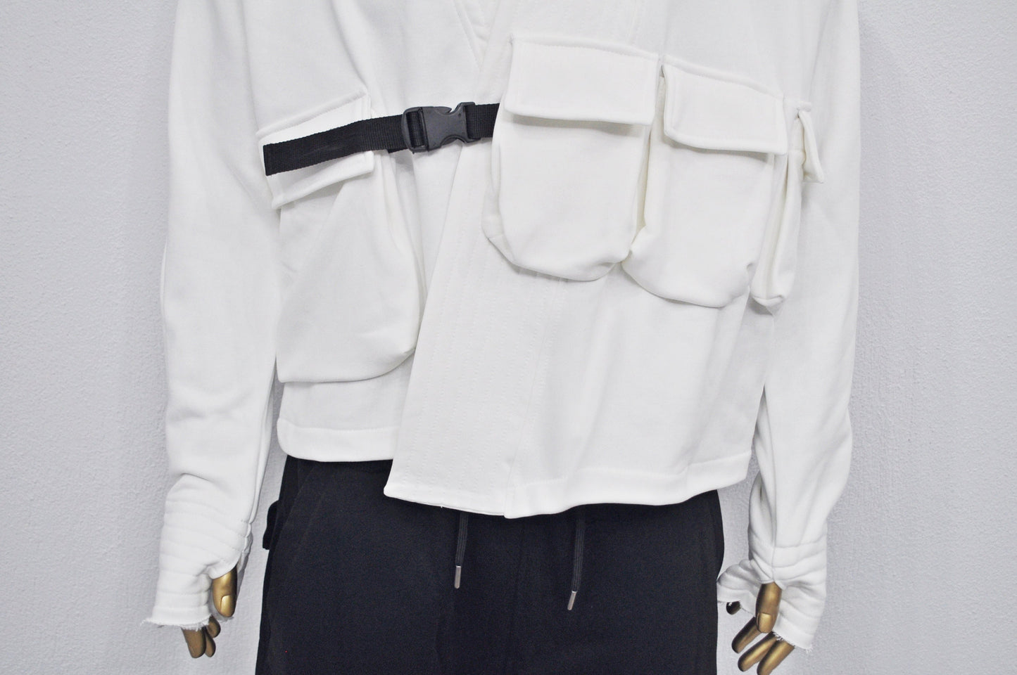 XS-8XL White Cotton Front Pockets Jacket Kimono Look, Tie-up, Ninja Assassin Jacket,Steampunk Gothic-Post Apocalyptic Dystopian-BB0173