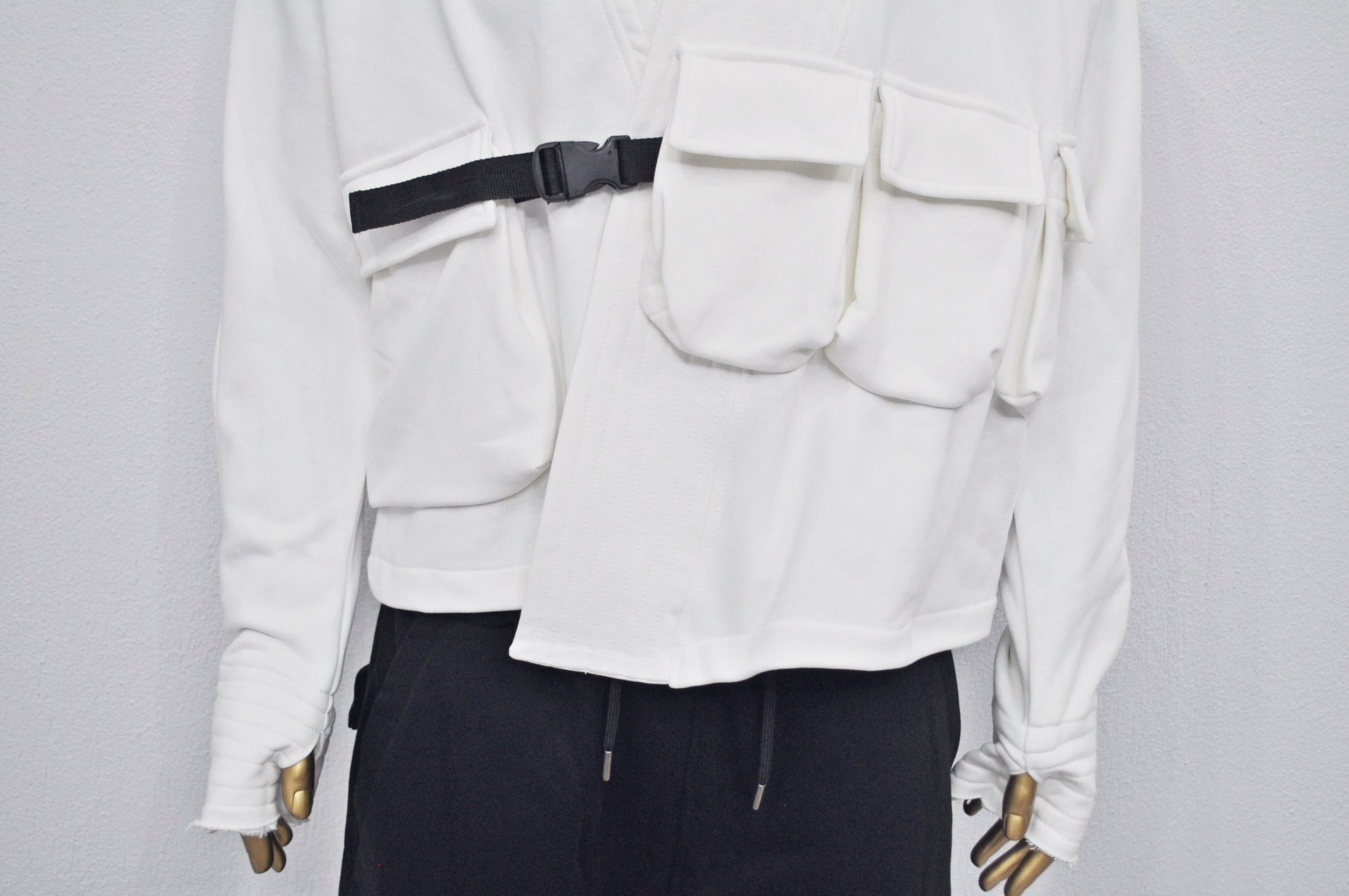 XS-8XL White Cotton Front Pockets Jacket Kimono Look, Tie-up, Ninja Assassin Jacket,Steampunk Gothic-Post Apocalyptic Dystopian-BB0173