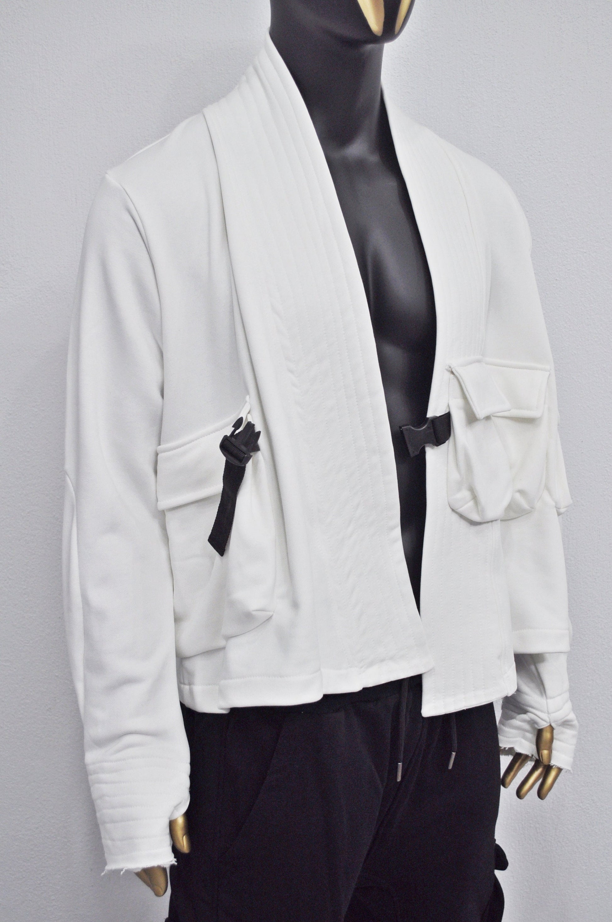 XS-8XL White Cotton Front Pockets Jacket Kimono Look, Tie-up, Ninja Assassin Jacket,Steampunk Gothic-Post Apocalyptic Dystopian-BB0173