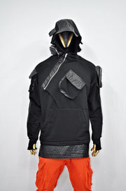 XS-8XL Men's Black Faux Leather Sleeves Loose Tech Pockets Hoodie, Cyber Goth ,Long Asymmetric Cosplay, Futuristic- Post Apocalyptic- BB0174