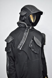 XS-8XL Men's Black Faux Leather Sleeves Loose Tech Pockets Hoodie, Cyber Goth ,Long Asymmetric Cosplay, Futuristic- Post Apocalyptic- BB0174