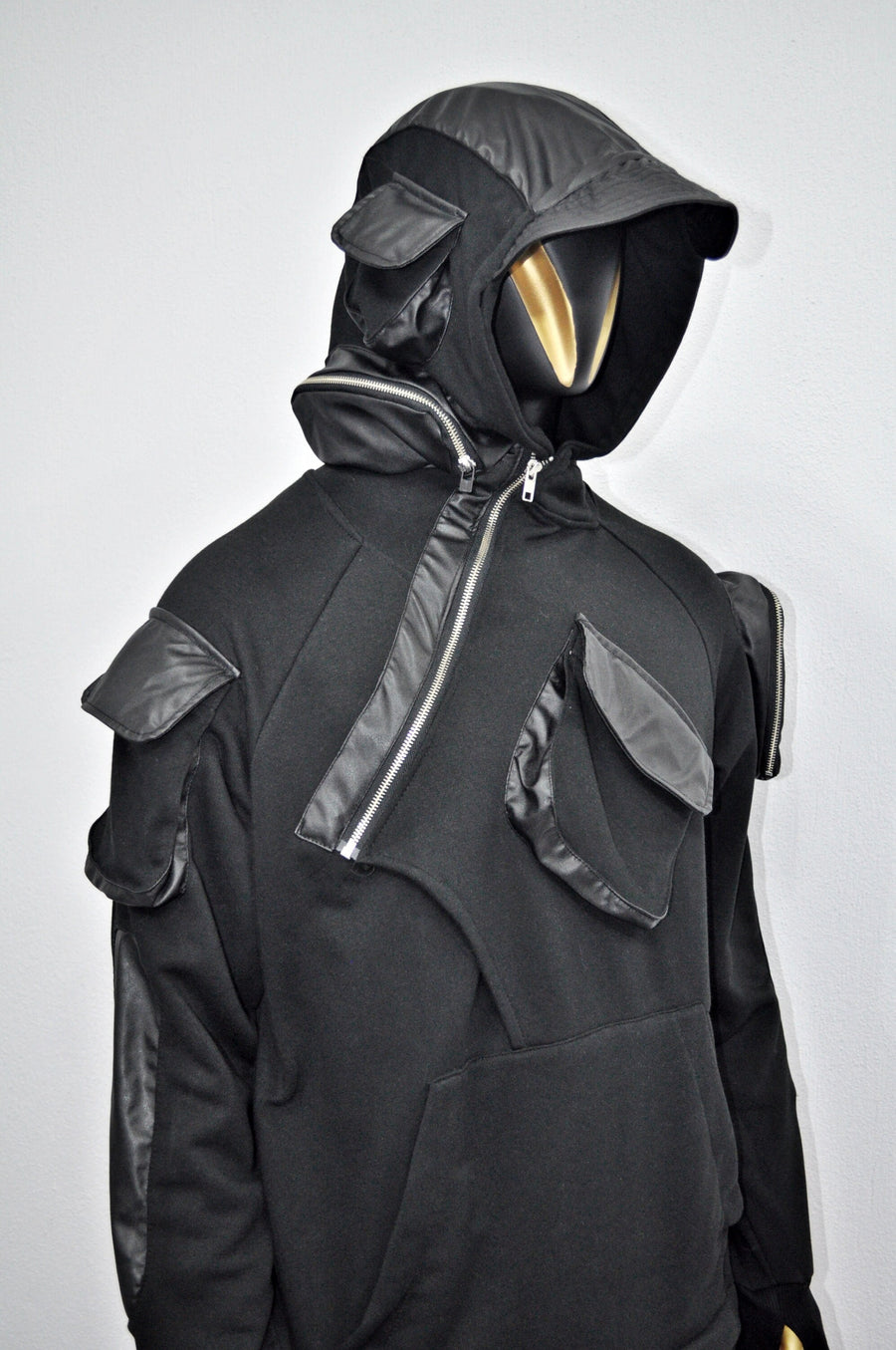 XS-8XL Men's Black Faux Leather Sleeves Loose Tech Pockets Hoodie, Cyber Goth ,Long Asymmetric Cosplay, Futuristic- Post Apocalyptic- BB0174
