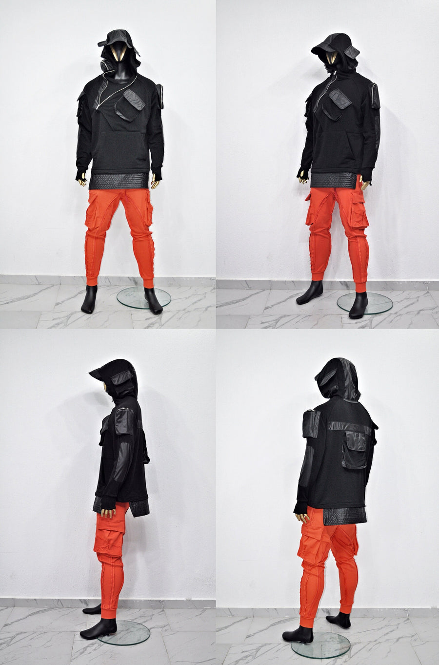 XS-8XL Men's Black Faux Leather Sleeves Loose Tech Pockets Hoodie, Cyber Goth ,Long Asymmetric Cosplay, Futuristic- Post Apocalyptic- BB0174