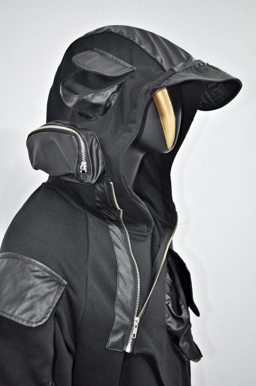 XS-8XL Men's Black Faux Leather Sleeves Loose Tech Pockets Hoodie, Cyber Goth ,Long Asymmetric Cosplay, Futuristic- Post Apocalyptic- BB0174