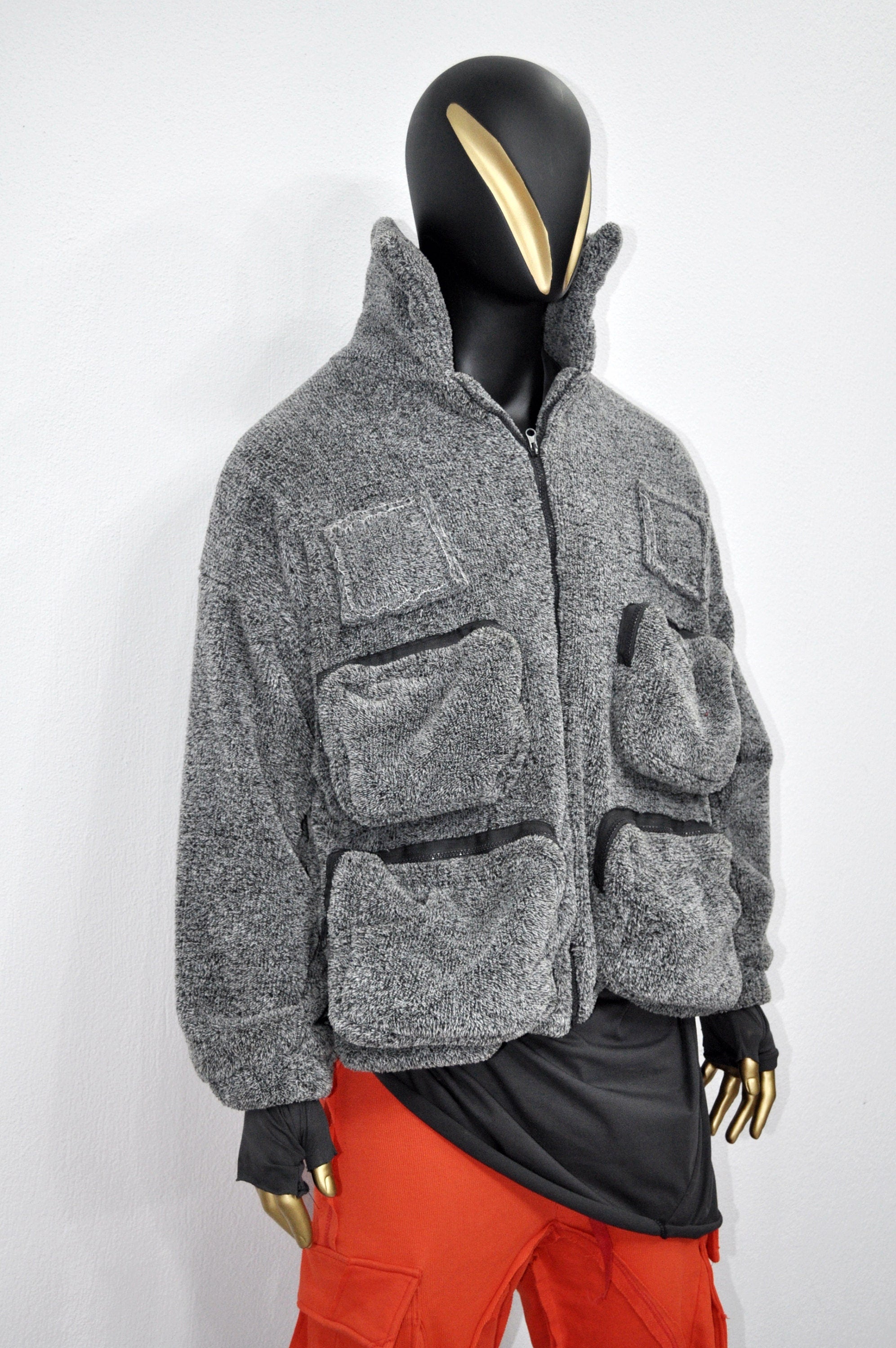 XS-8XL Men's Loose Utility Soft Warm Oversized Welsoft Jacket, Adjustable Hem,MultiFunctional ,Calm Relax, Cyber, Gothic,Techwear Top-BB918