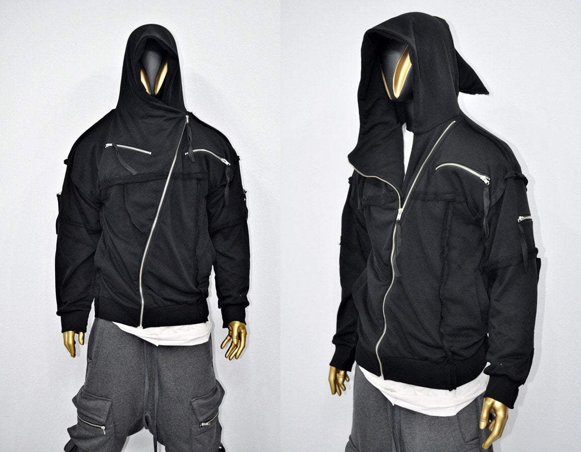 XS-8XL Men's Asymmetric Cut, Fleece Pullover, Black Jumper Top, Ashassin Tech Zipper Sleeve Goth Long Jacket Hoodie, Handmade Gift - BB0175