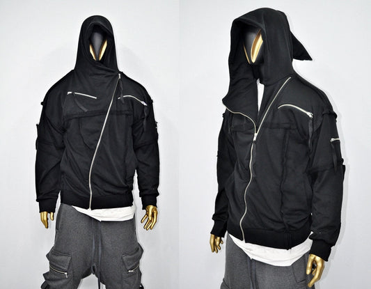 XS-8XL Men's Asymmetric Cut, Fleece Pullover, Black Jumper Top, Ashassin Tech Zipper Sleeve Goth Long Jacket Hoodie, Handmade Gift - BB0175