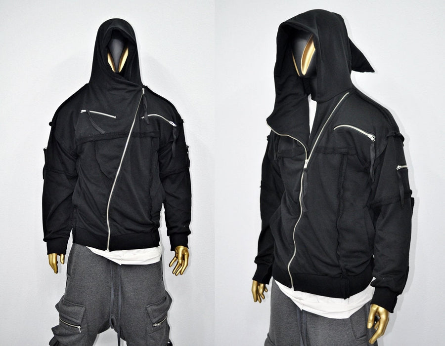 XS-8XL Men's Asymmetric Cut, Fleece Pullover, Black Jumper Top, Ashassin Tech Zipper Sleeve Goth Long Jacket Hoodie, Handmade Gift - BB0175