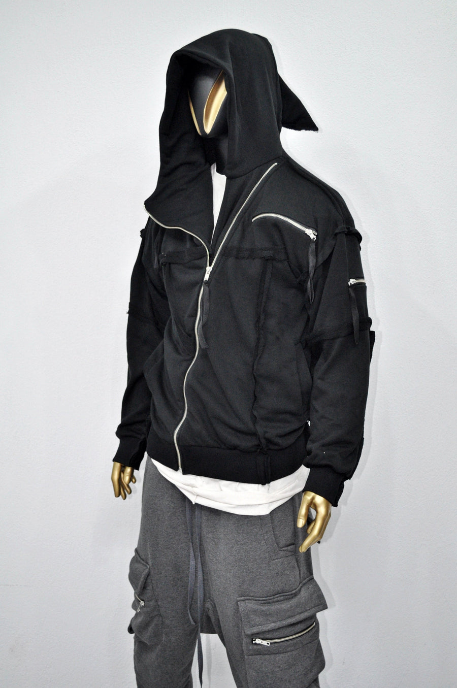 XS-8XL Men's Asymmetric Cut, Fleece Pullover, Black Jumper Top, Ashassin Tech Zipper Sleeve Goth Long Jacket Hoodie, Handmade Gift - BB0175