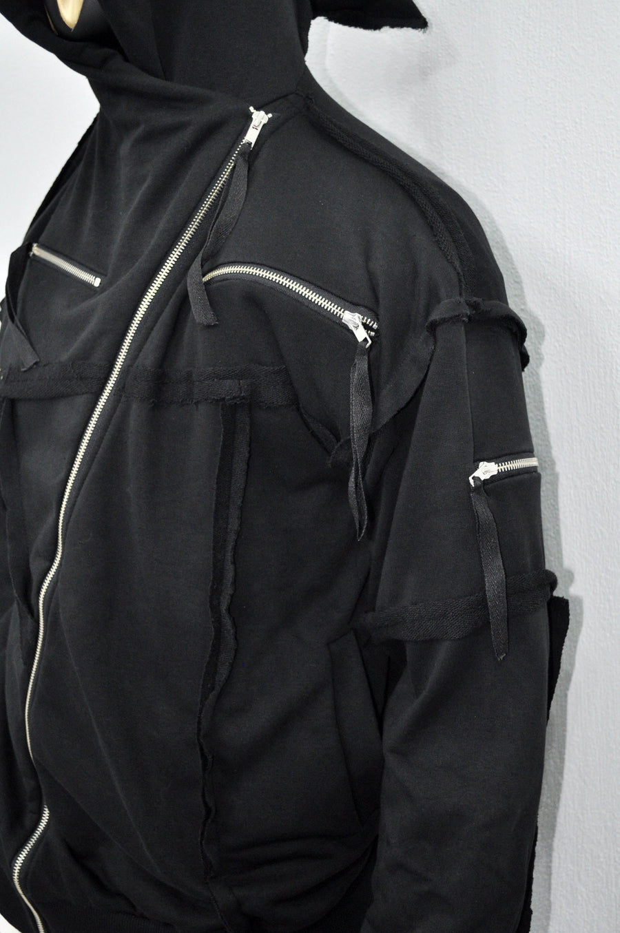 XS-8XL Men's Asymmetric Cut, Fleece Pullover, Black Jumper Top, Ashassin Tech Zipper Sleeve Goth Long Jacket Hoodie, Handmade Gift - BB0175