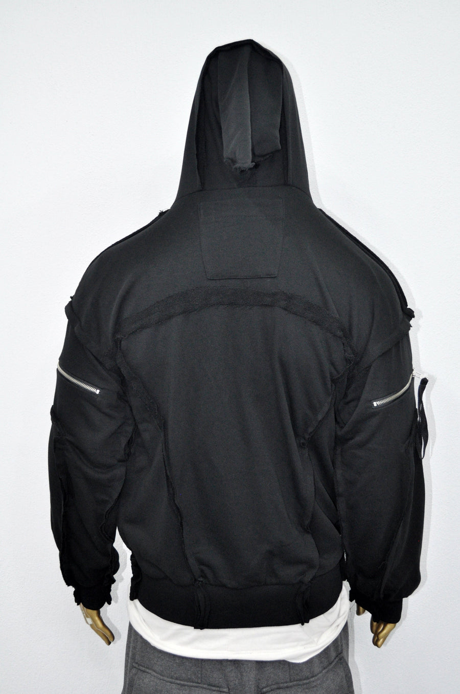 XS-8XL Men's Asymmetric Cut, Fleece Pullover, Black Jumper Top, Ashassin Tech Zipper Sleeve Goth Long Jacket Hoodie, Handmade Gift - BB0175