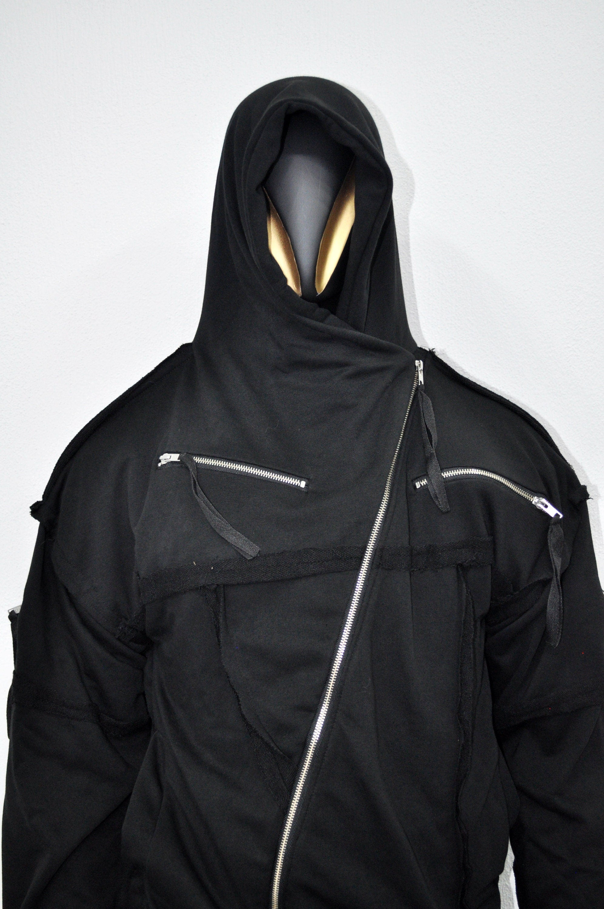 XS-8XL Men's Asymmetric Cut, Fleece Pullover, Black Jumper Top, Ashassin Tech Zipper Sleeve Goth Long Jacket Hoodie, Handmade Gift - BB0175