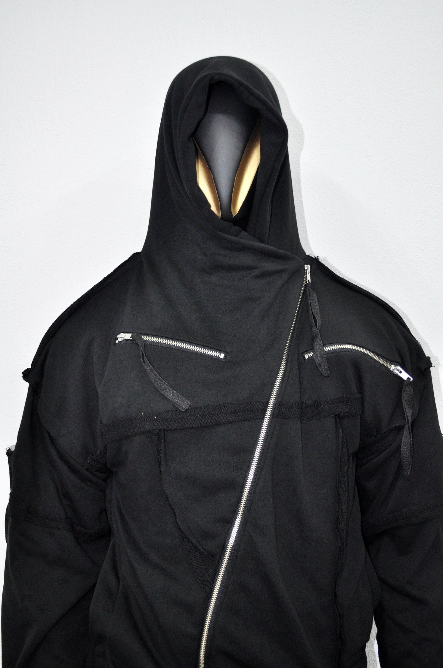 XS-8XL Men's Asymmetric Cut, Fleece Pullover, Black Jumper Top, Ashassin Tech Zipper Sleeve Goth Long Jacket Hoodie, Handmade Gift - BB0175