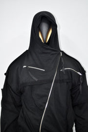 XS-8XL Men's Asymmetric Cut, Fleece Pullover, Black Jumper Top, Ashassin Tech Zipper Sleeve Goth Long Jacket Hoodie, Handmade Gift - BB0175