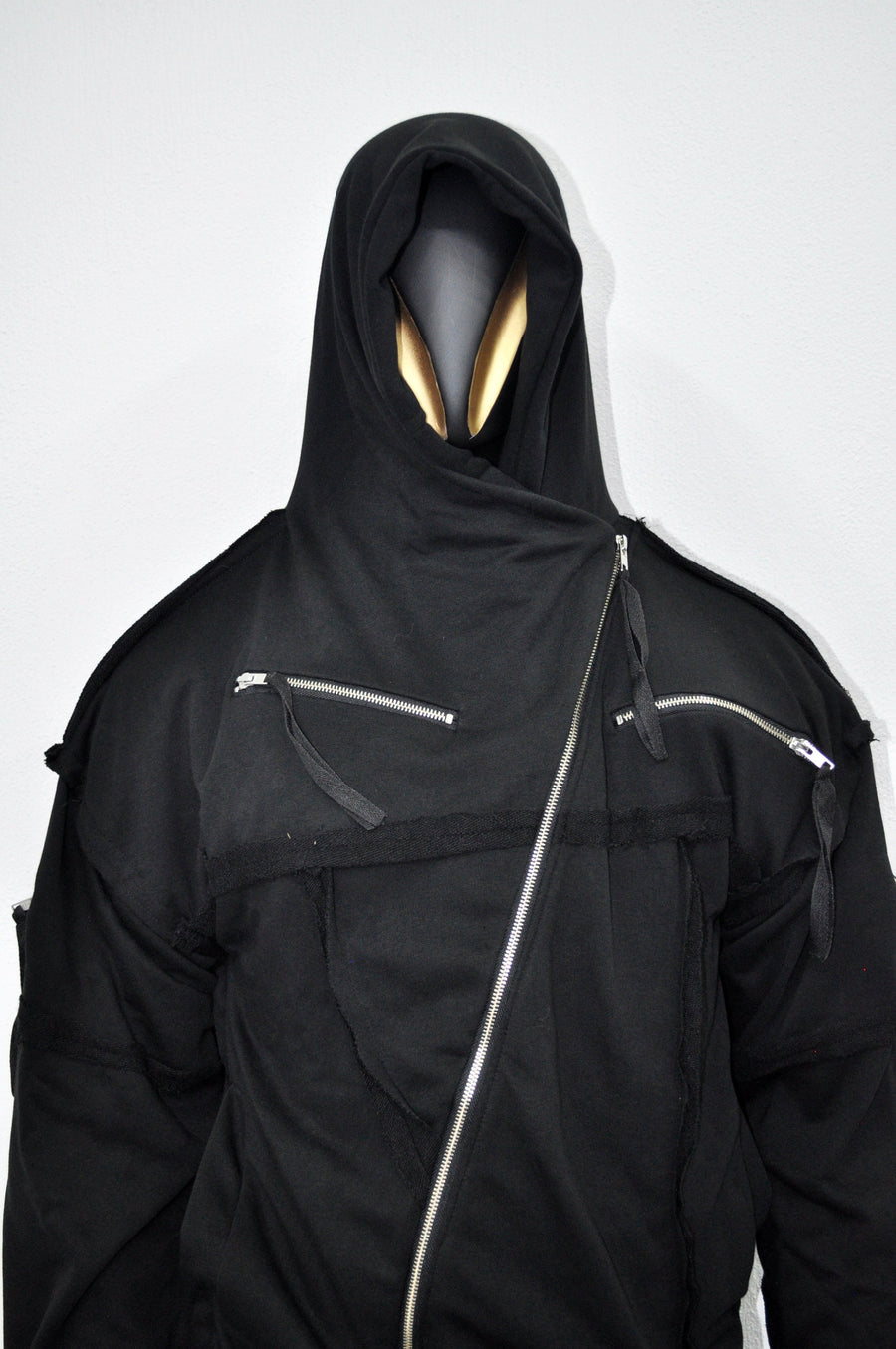 XS-8XL Men's Asymmetric Cut, Fleece Pullover, Black Jumper Top, Ashassin Tech Zipper Sleeve Goth Long Jacket Hoodie, Handmade Gift - BB0175