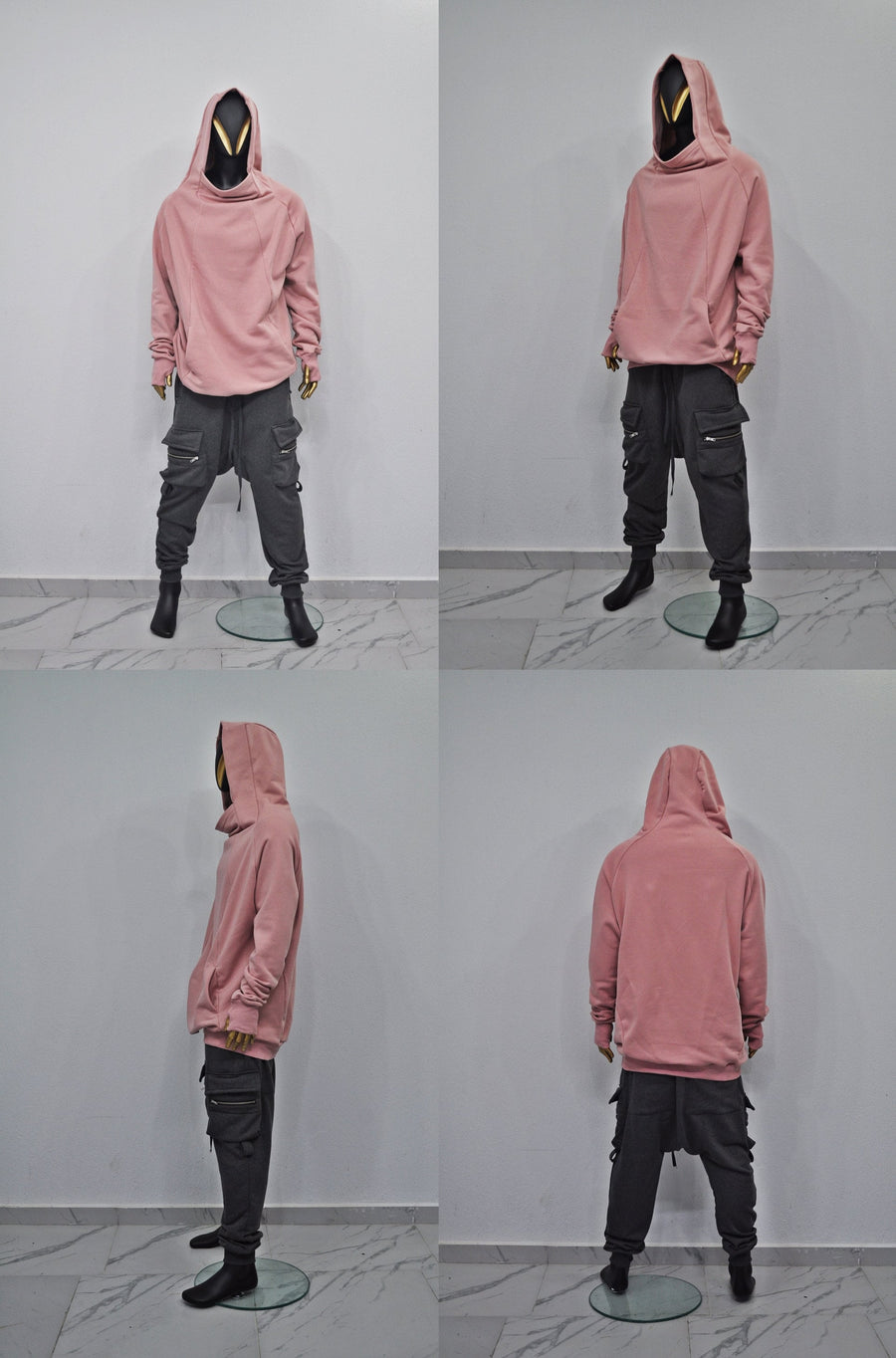 XS-8XL Oversize Pink Teckwear Hooded Cardigan Men, futuristic Stitching High Neck Pullover,Ninja Mask Assassin,Steampunk Burning Man -BB0