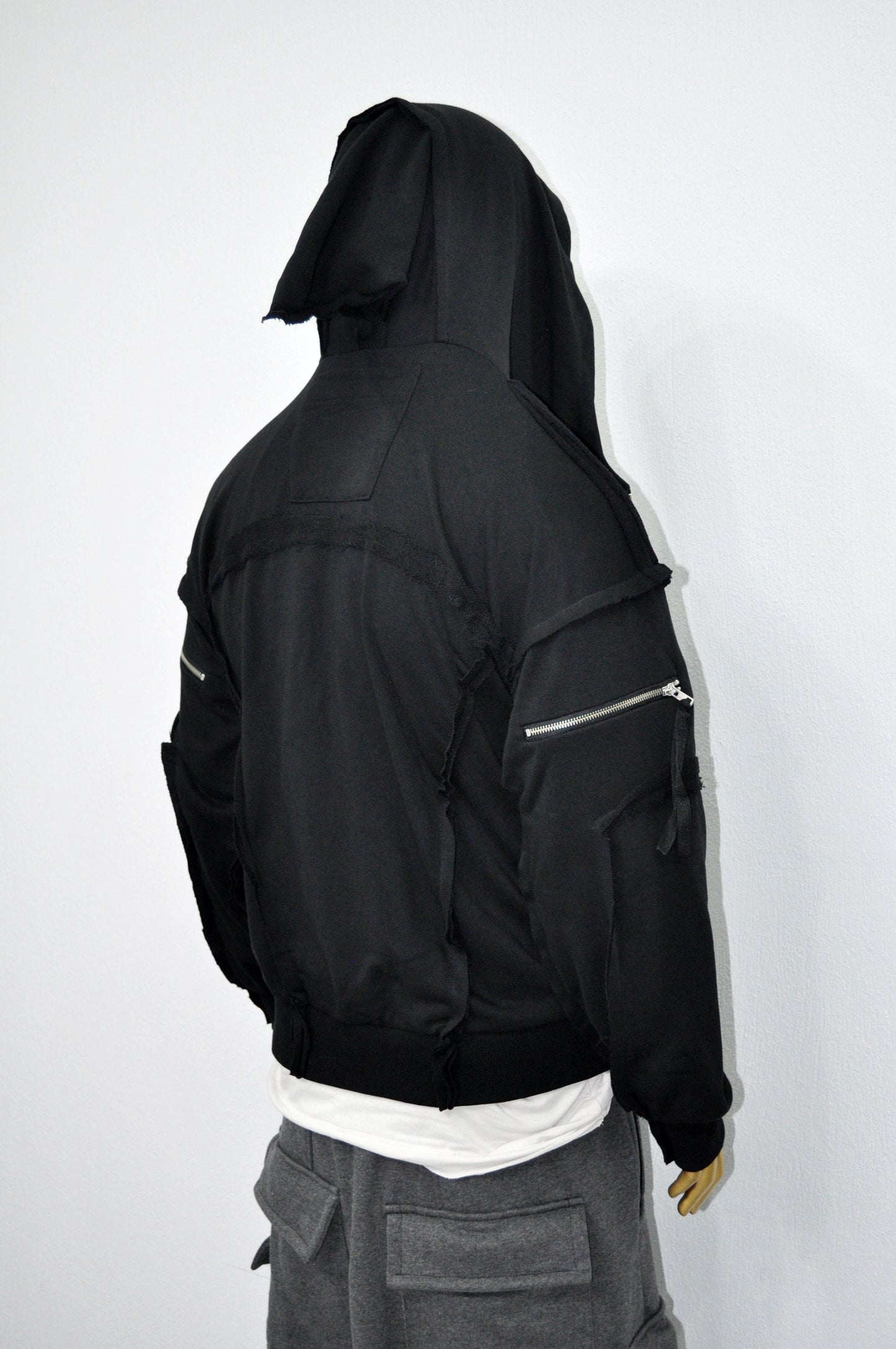 XS-8XL Men's Asymmetric Cut, Fleece Pullover, Black Jumper Top, Ashassin Tech Zipper Sleeve Goth Long Jacket Hoodie, Handmade Gift - BB0175