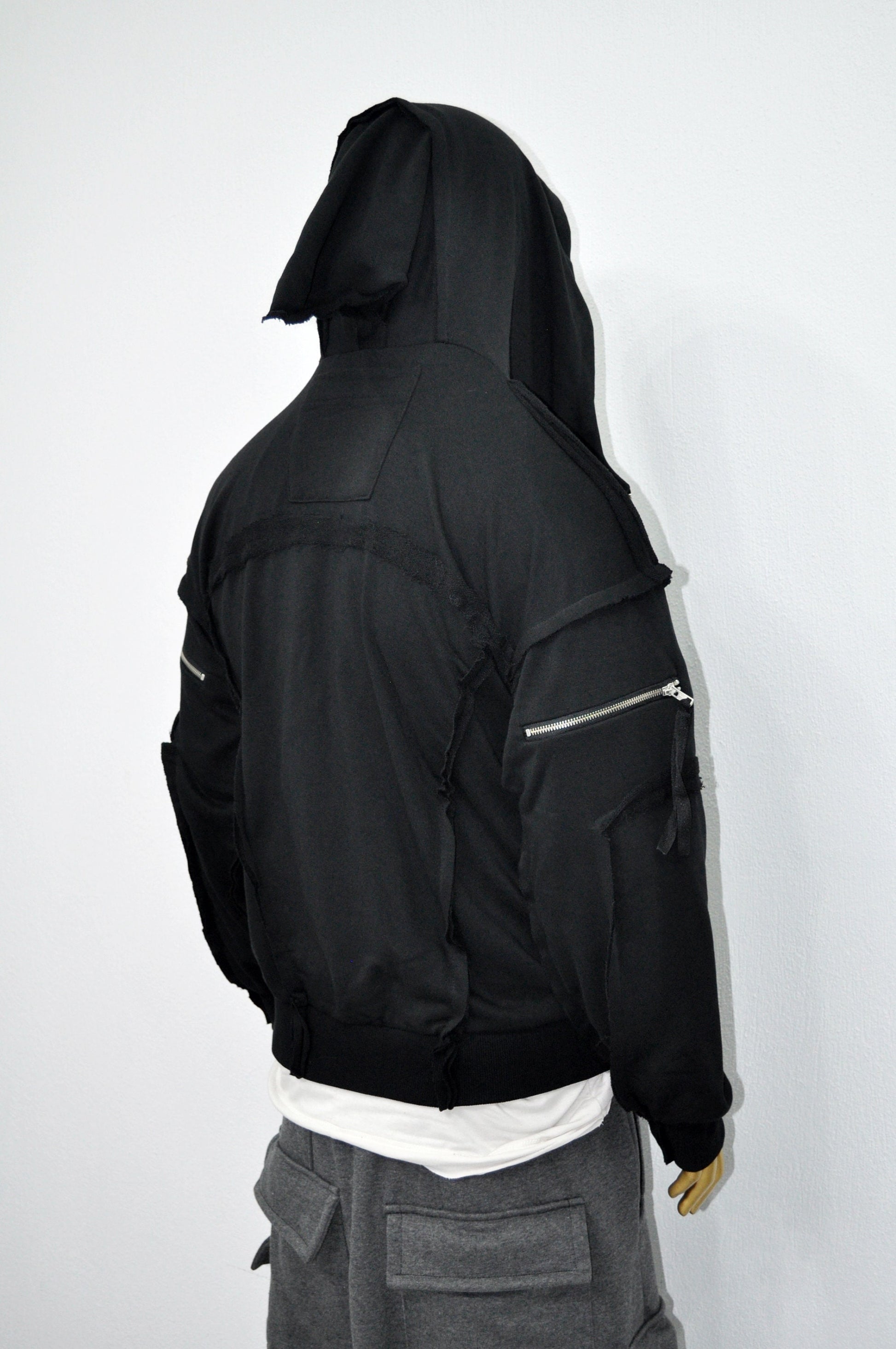 XS-8XL Men's Asymmetric Cut, Fleece Pullover, Black Jumper Top, Ashassin Tech Zipper Sleeve Goth Long Jacket Hoodie, Handmade Gift - BB0175
