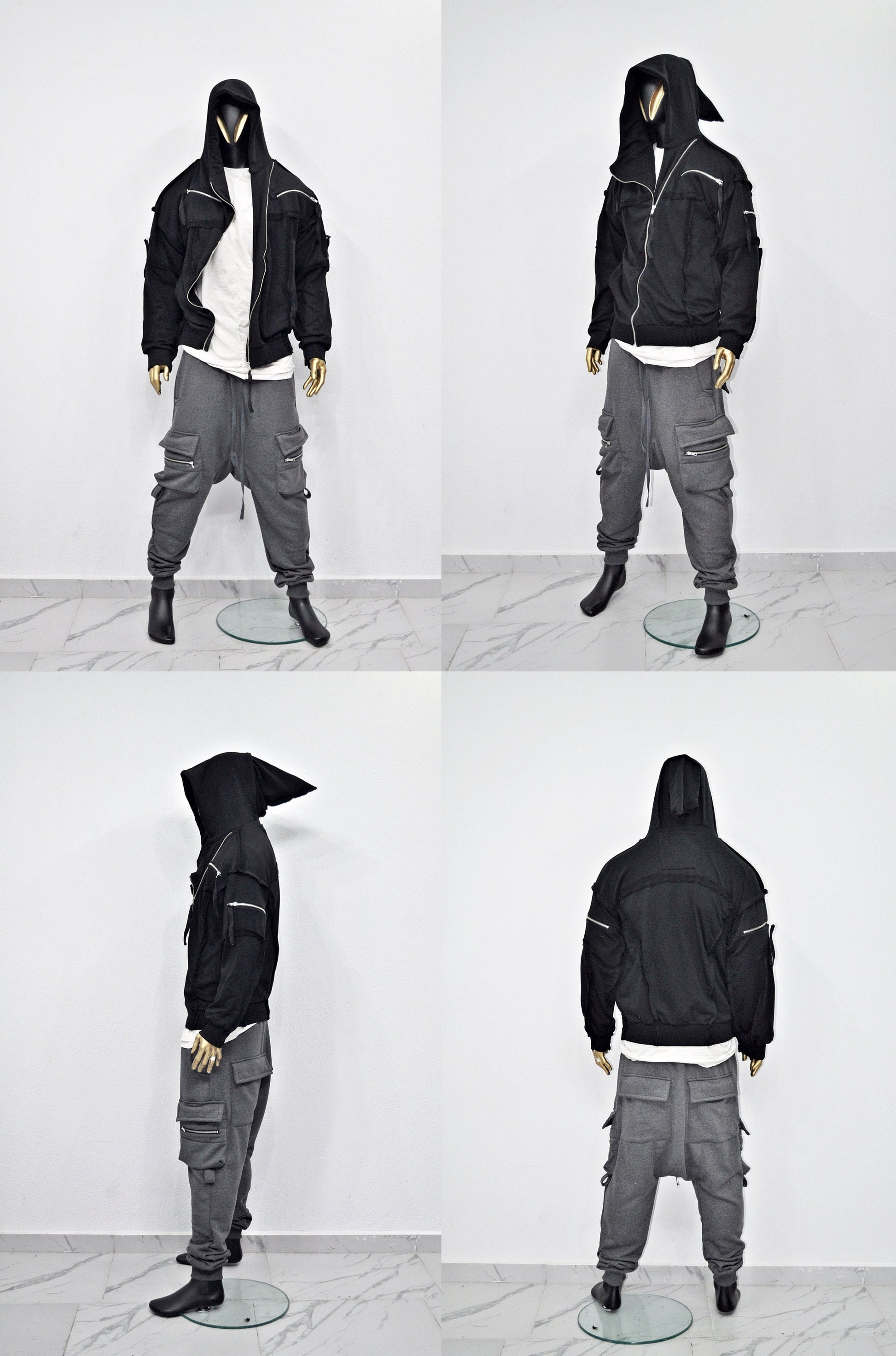 XS-8XL Men's Asymmetric Cut, Fleece Pullover, Black Jumper Top, Ashassin Tech Zipper Sleeve Goth Long Jacket Hoodie, Handmade Gift - BB0175