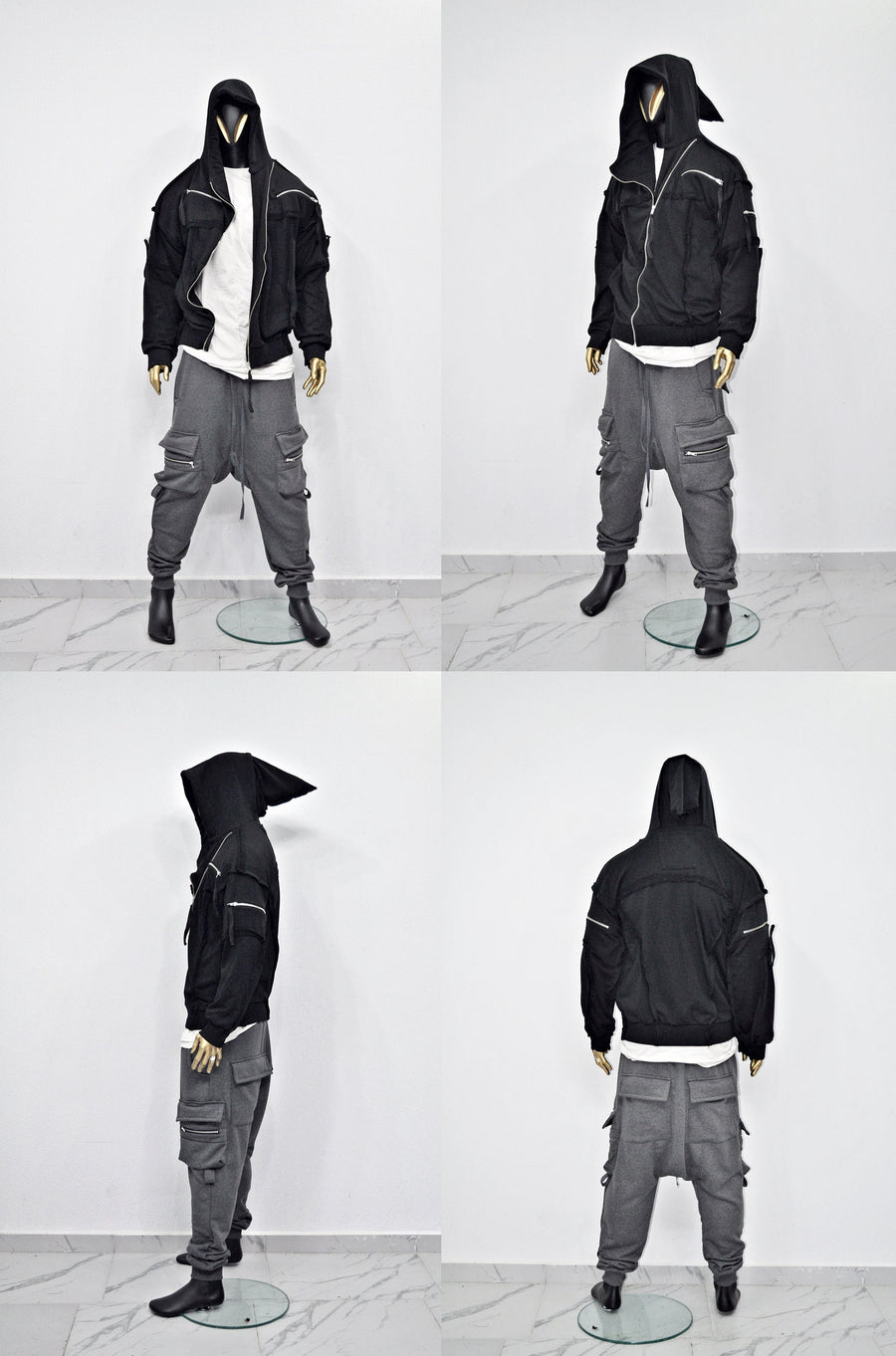 XS-8XL Men's Asymmetric Cut, Fleece Pullover, Black Jumper Top, Ashassin Tech Zipper Sleeve Goth Long Jacket Hoodie, Handmade Gift - BB0175