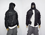 XS-8XL Men's Asymmetric Cut, Fleece Pullover, Black Jumper Top, Ashassin Tech Zipper Sleeve Goth Long Jacket Hoodie, Handmade Gift - BB0175