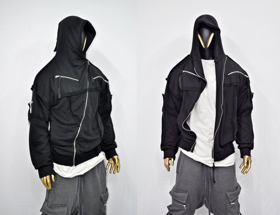 XS-8XL Men's Asymmetric Cut, Fleece Pullover, Black Jumper Top, Ashassin Tech Zipper Sleeve Goth Long Jacket Hoodie, Handmade Gift - BB0175