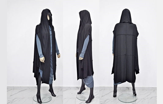 Women OverLong Poncho Cardigan,Japanese Oversized Sleeveless Kimono Wrap Shawl Shirt,Asymmetric Vest Hooded Cape ,Aesthetic Halloween-BB0154