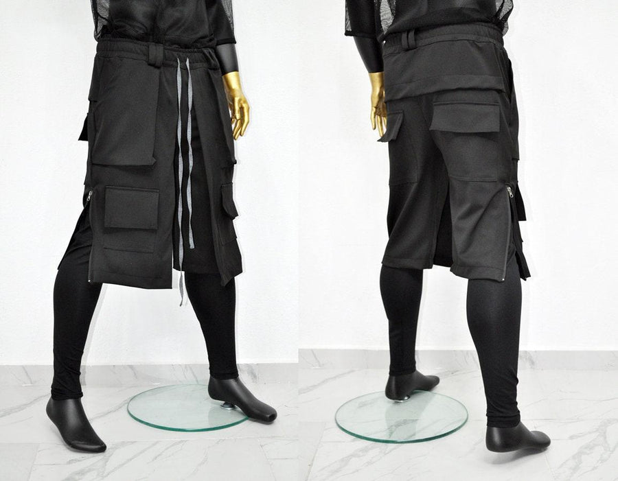 XS - 8XL Men&#39;s Steampunk Low Crotch Biker Layered Shorts with Legging, Side Big pockets,Side YKK Zipper,Elastic Waistband Cargo Short-BB870