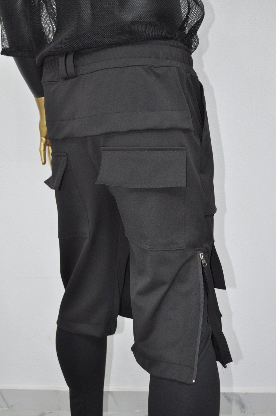 XS - 8XL Men&#39;s Steampunk Low Crotch Biker Layered Shorts with Legging, Side Big pockets,Side YKK Zipper,Elastic Waistband Cargo Short-BB870