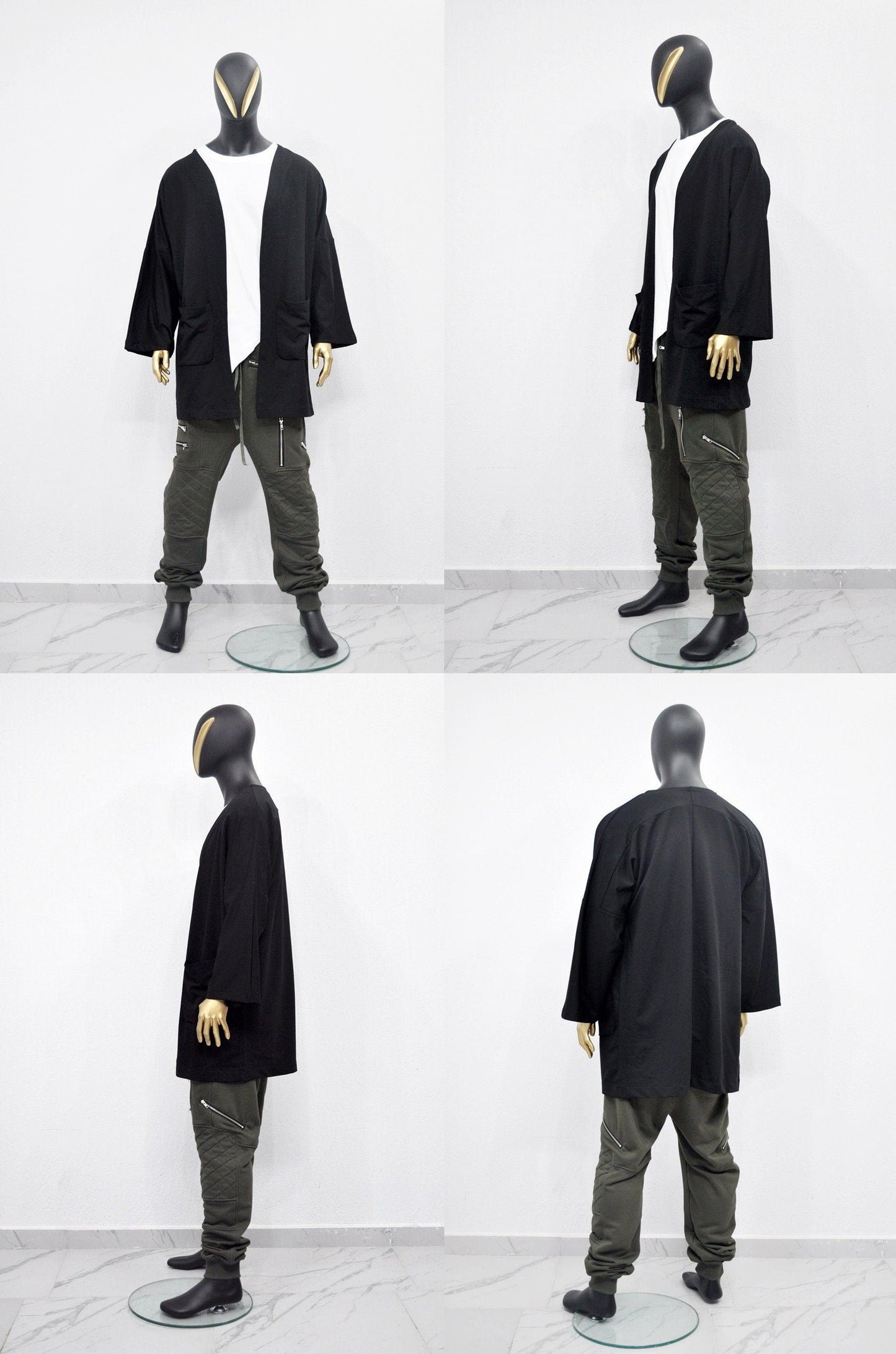 XS - 8XL Men&#39;s Japanese Oversized 3/4 Sleeve Samurai Long Cotton Jersey Cardigan Kimono Jacket,Shirt,Asymmetrical Blouse,,Futuristic-BB433