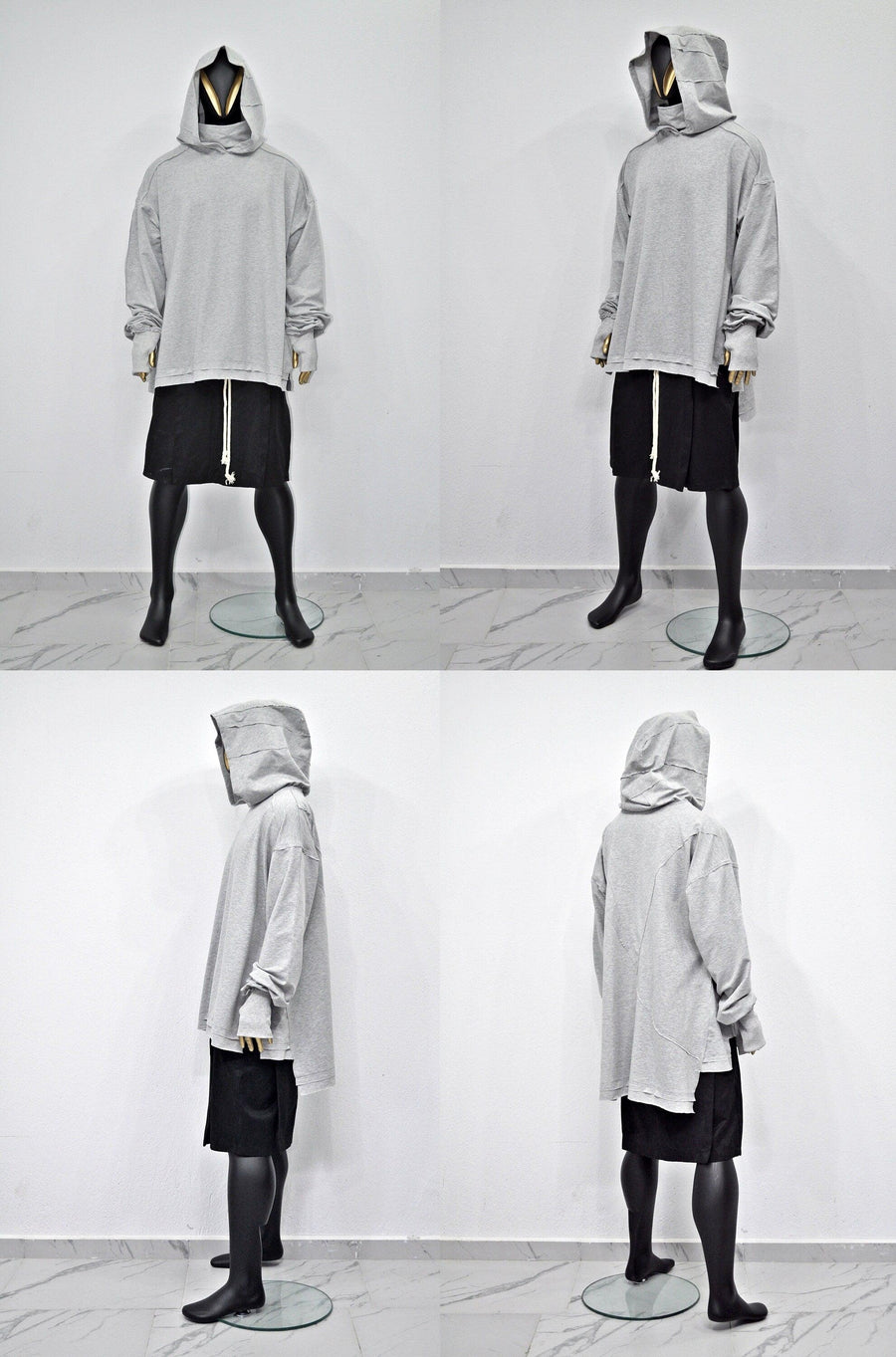 XS-8XL Men&#39;s Distressed Structured Silhouette Hooded Turtleneck Sweatshirt,Ashassin Asymetrical Cardigan,Cyber Futuristic Burning Man-BB0159