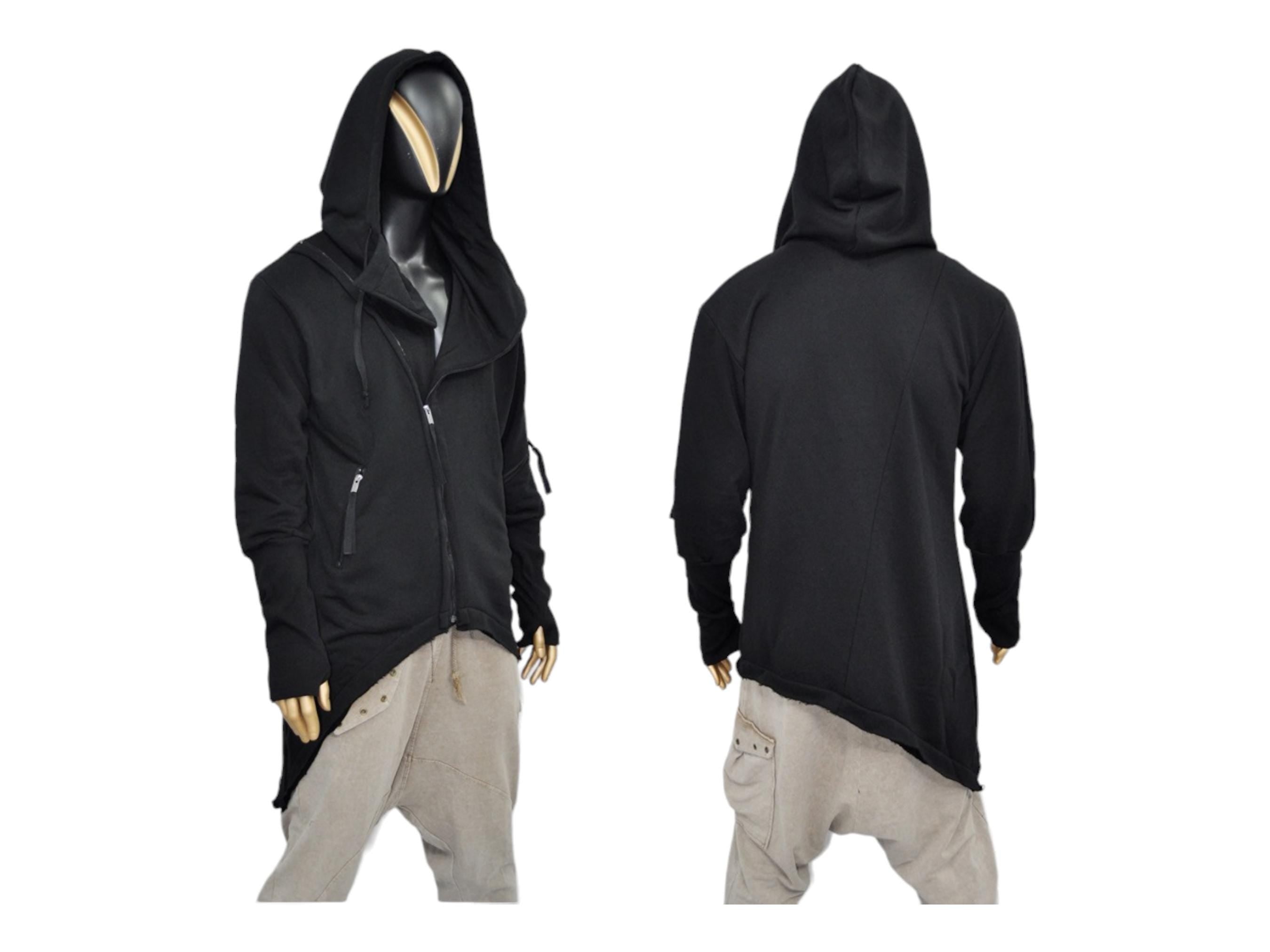 XS-8XL Men's Asymmetric Cut, Fleece Pullover, Black Jumper Top, Ashassin Tech Zipper Sleeve Goth Long Jacket Hoodie, Handmade Gift - BB098