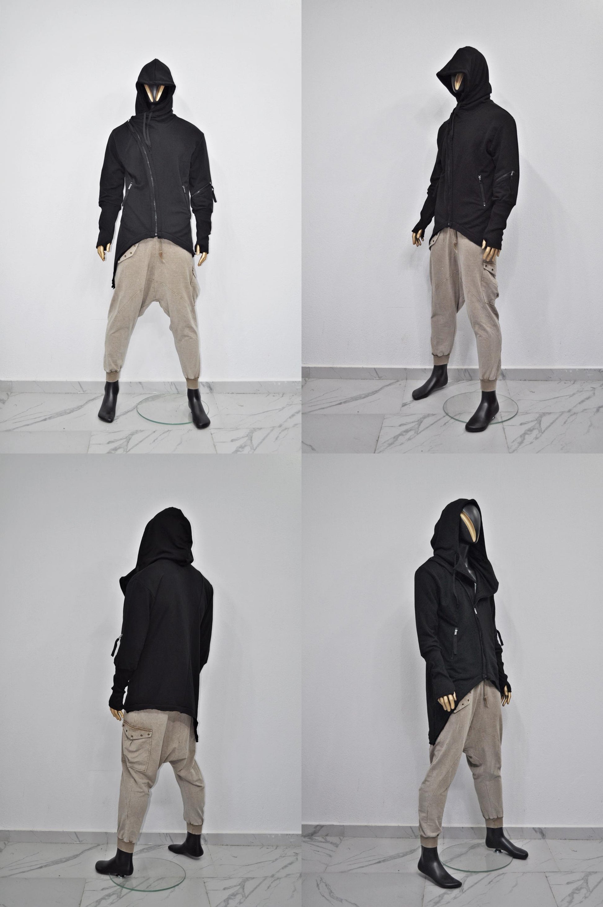 XS-8XL Men's Asymmetric Cut, Fleece Pullover, Black Jumper Top, Ashassin Tech Zipper Sleeve Goth Long Jacket Hoodie, Handmade Gift - BB0175