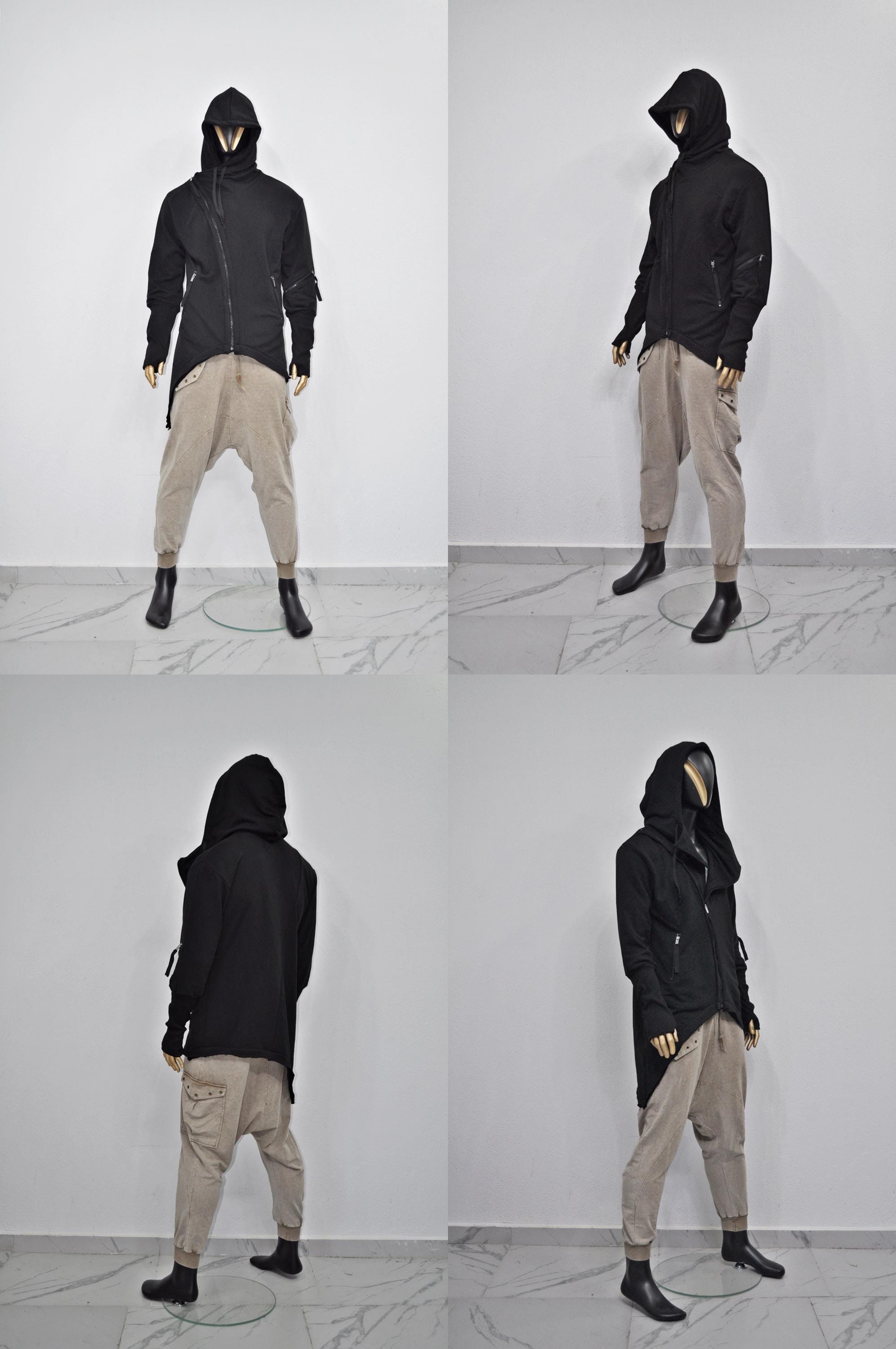 XS-8XL Men's Asymmetric Cut, Fleece Pullover, Black Jumper Top, Ashassin Tech Zipper Sleeve Goth Long Jacket Hoodie, Handmade Gift - BB098
