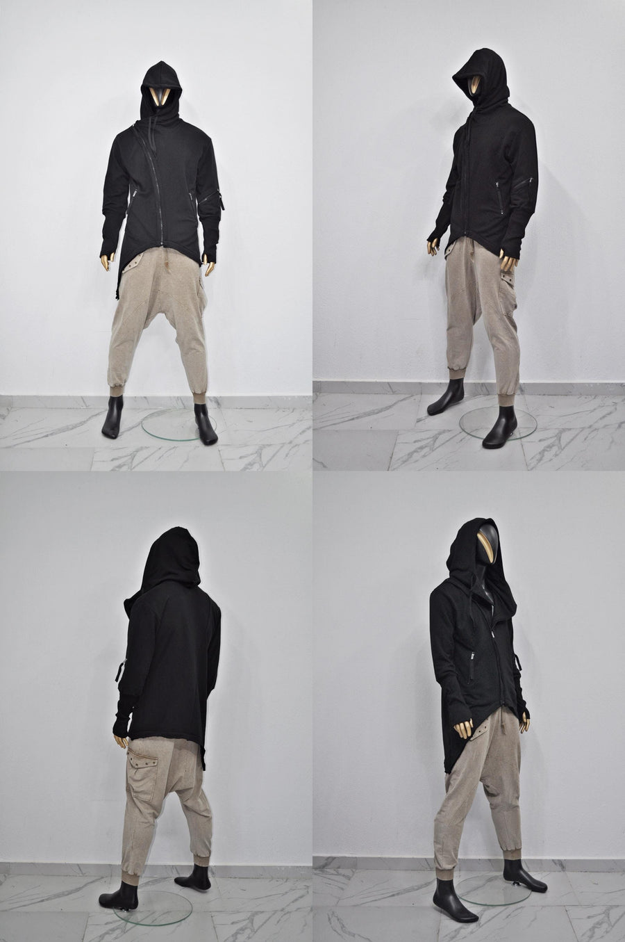 XS-8XL Men's Asymmetric Cut, Fleece Pullover, Black Jumper Top, Ashassin Tech Zipper Sleeve Goth Long Jacket Hoodie, Handmade Gift - BB098