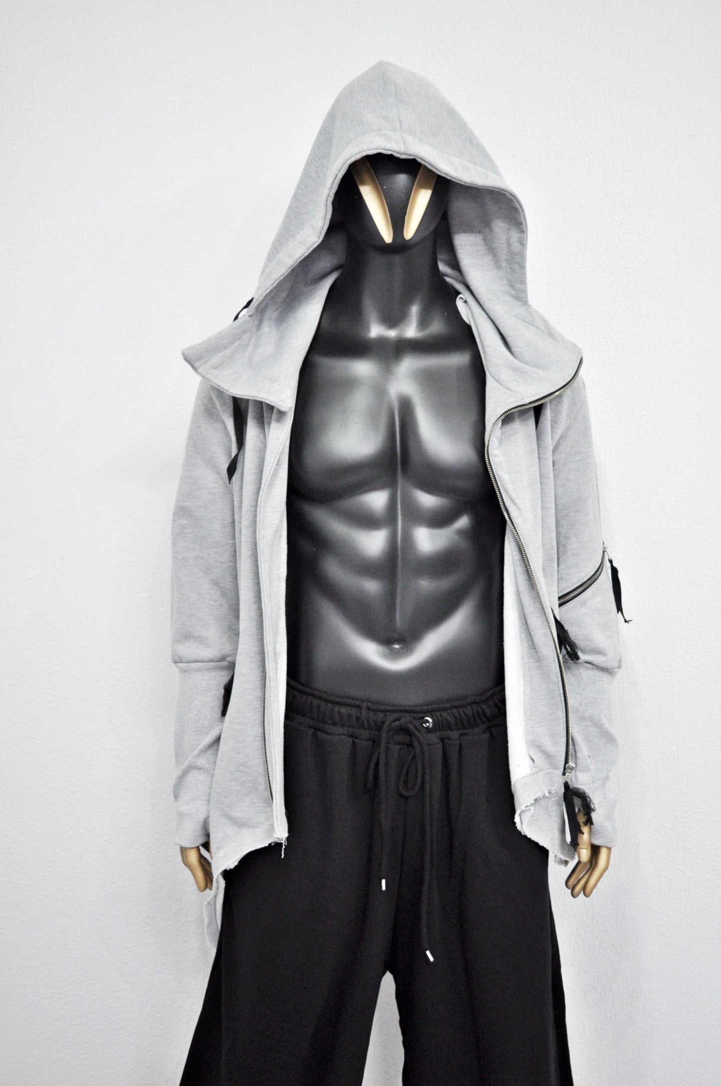 XS-8XL Men's Asymmetric Cut, Fleece Pullover, Black Jumper Top, Ashassin Tech Zipper Sleeve Goth Long Jacket Hoodie, Handmade Gift - BB0175