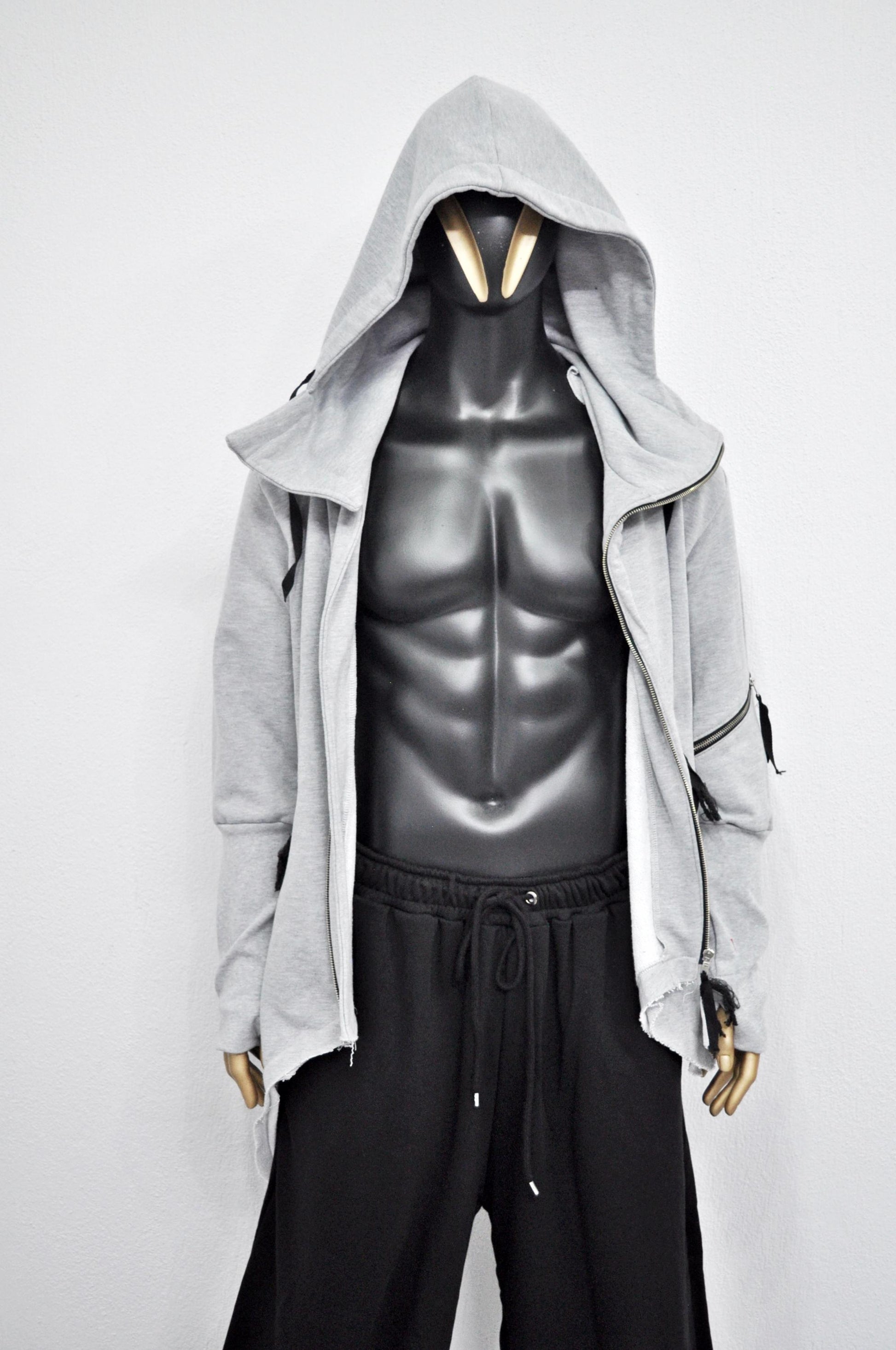 XS-8XL Men's Asymmetric Cut, Fleece Pullover, Black Jumper Top, Ashassin Tech Zipper Sleeve Goth Long Jacket Hoodie, Handmade Gift - BB0175