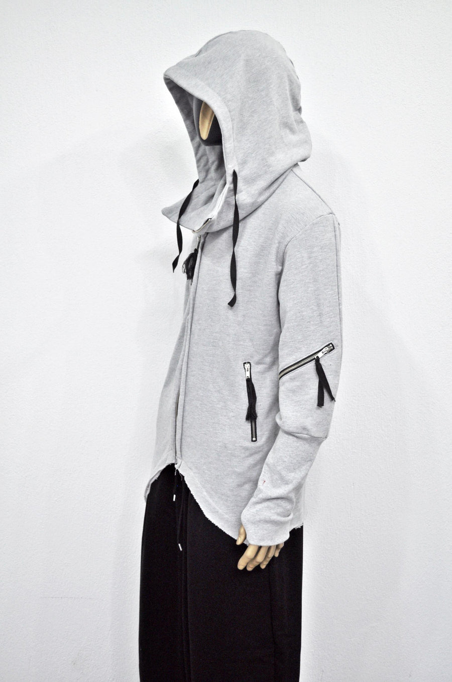 XS-8XL Men's Asymmetric Cut, Fleece Pullover, Black Jumper Top, Ashassin Tech Zipper Sleeve Goth Long Jacket Hoodie, Handmade Gift - BB0175