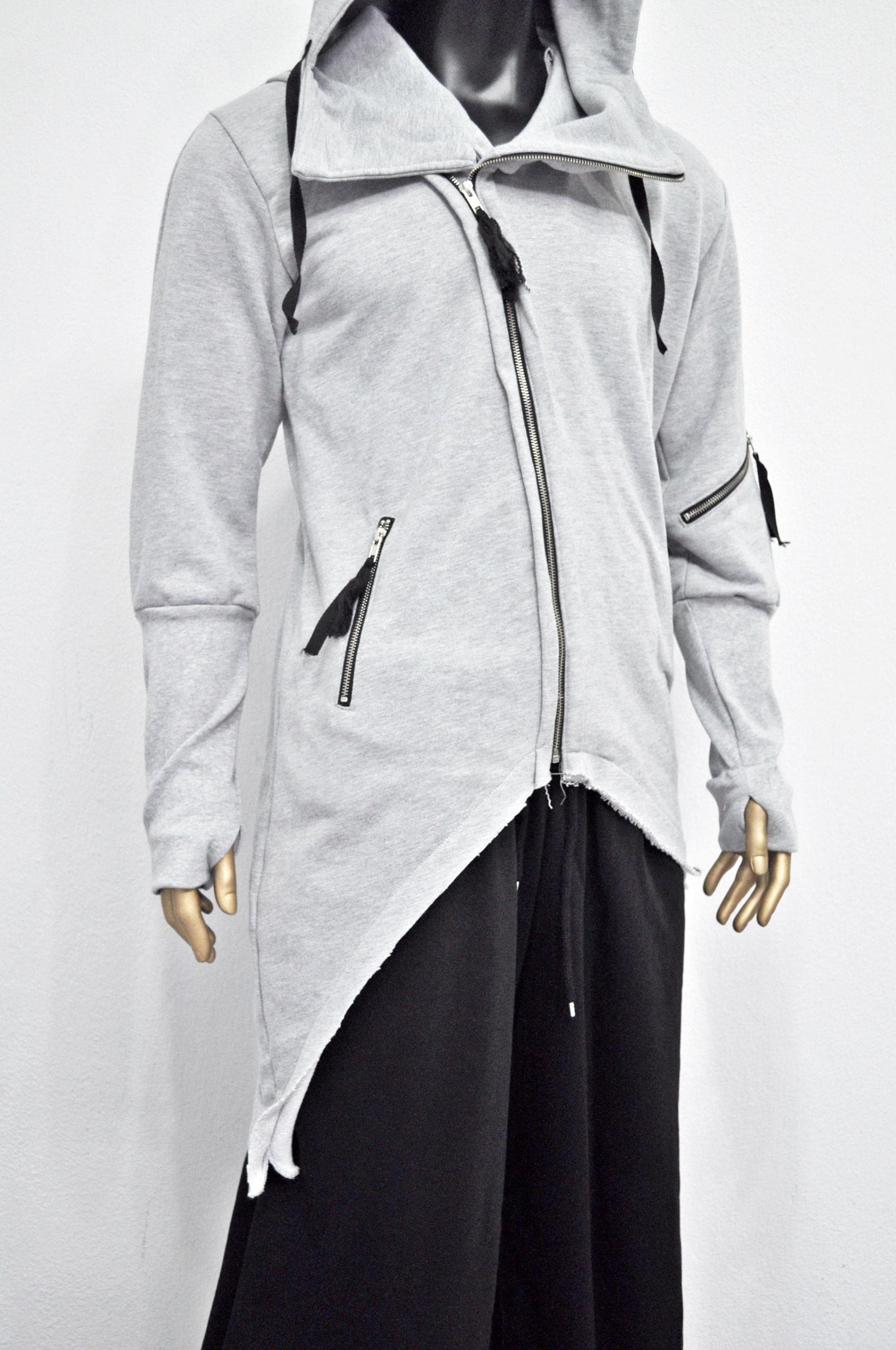 XS-8XL Men's Asymmetric Cut, Fleece Pullover, Black Jumper Top, Ashassin Tech Zipper Sleeve Goth Long Jacket Hoodie, Handmade Gift - BB0175