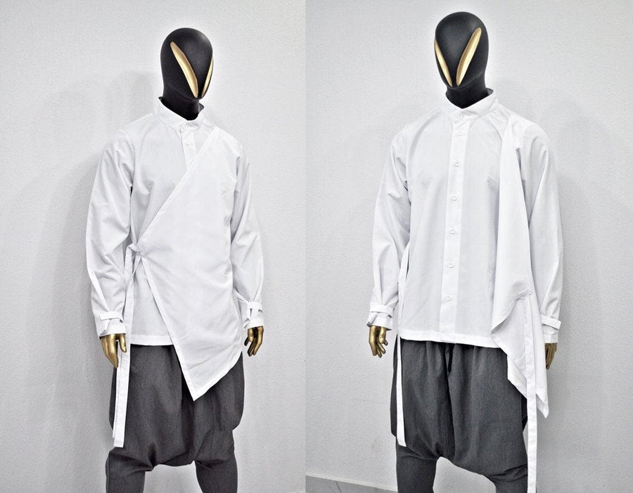 Men's Kimono Shirt Streetwear Harem Wrap Top, Asymmetrical Blouse