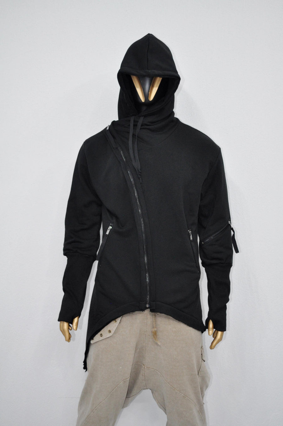 XS-8XL Men's Asymmetric Cut, Fleece Pullover, Black Jumper Top, Ashassin Tech Zipper Sleeve Goth Long Jacket Hoodie, Handmade Gift - BB098