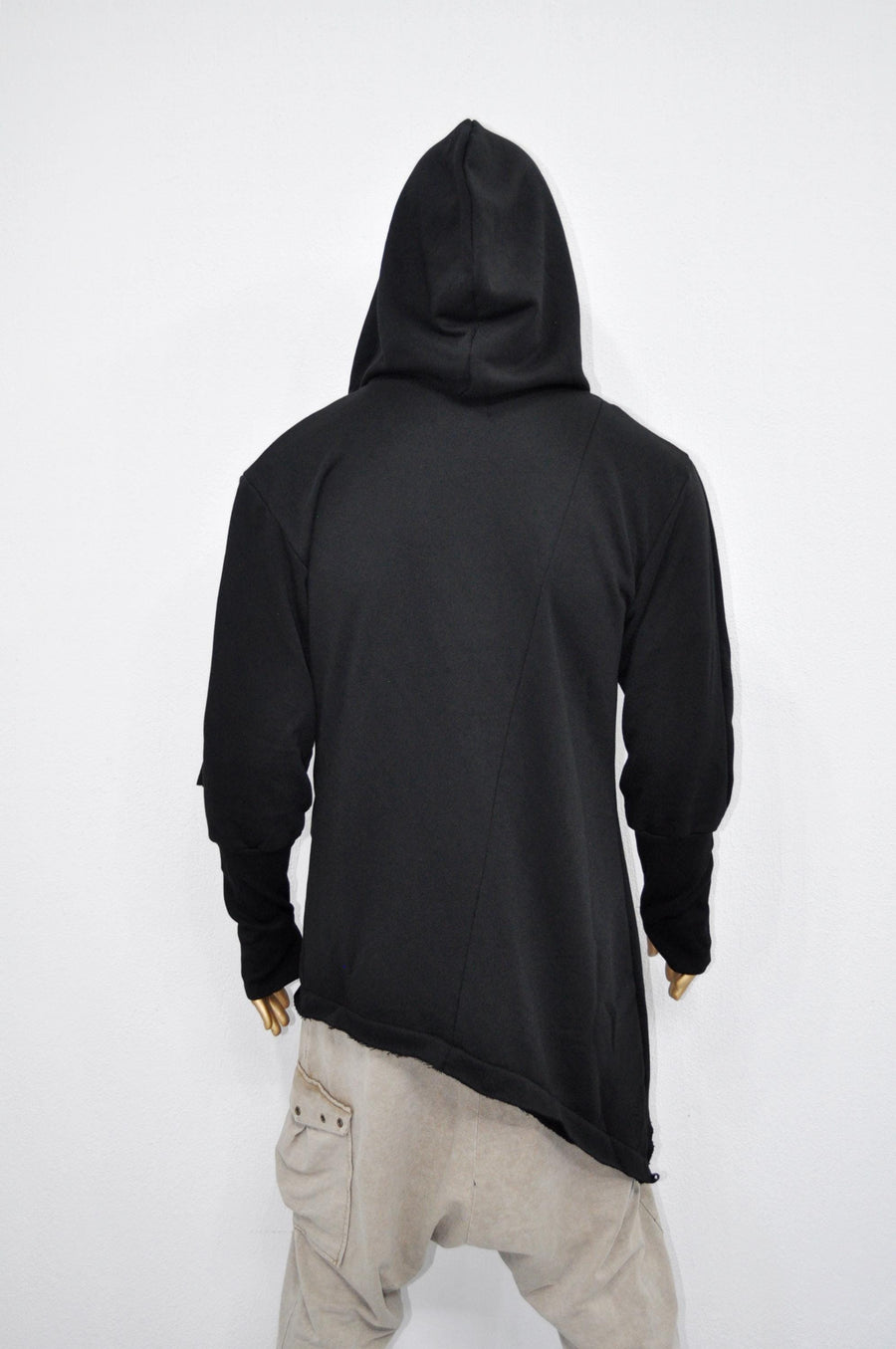 XS-8XL Men's Asymmetric Cut, Fleece Pullover, Black Jumper Top, Ashassin Tech Zipper Sleeve Goth Long Jacket Hoodie, Handmade Gift - BB098