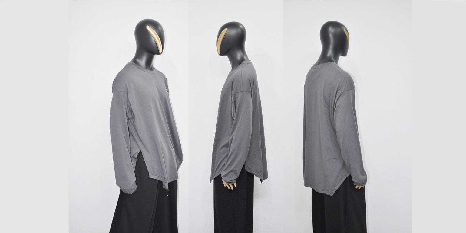 SHINOBI Men's Long-Sleeve Side Slit,Asymmetric Cut Long T-shirt