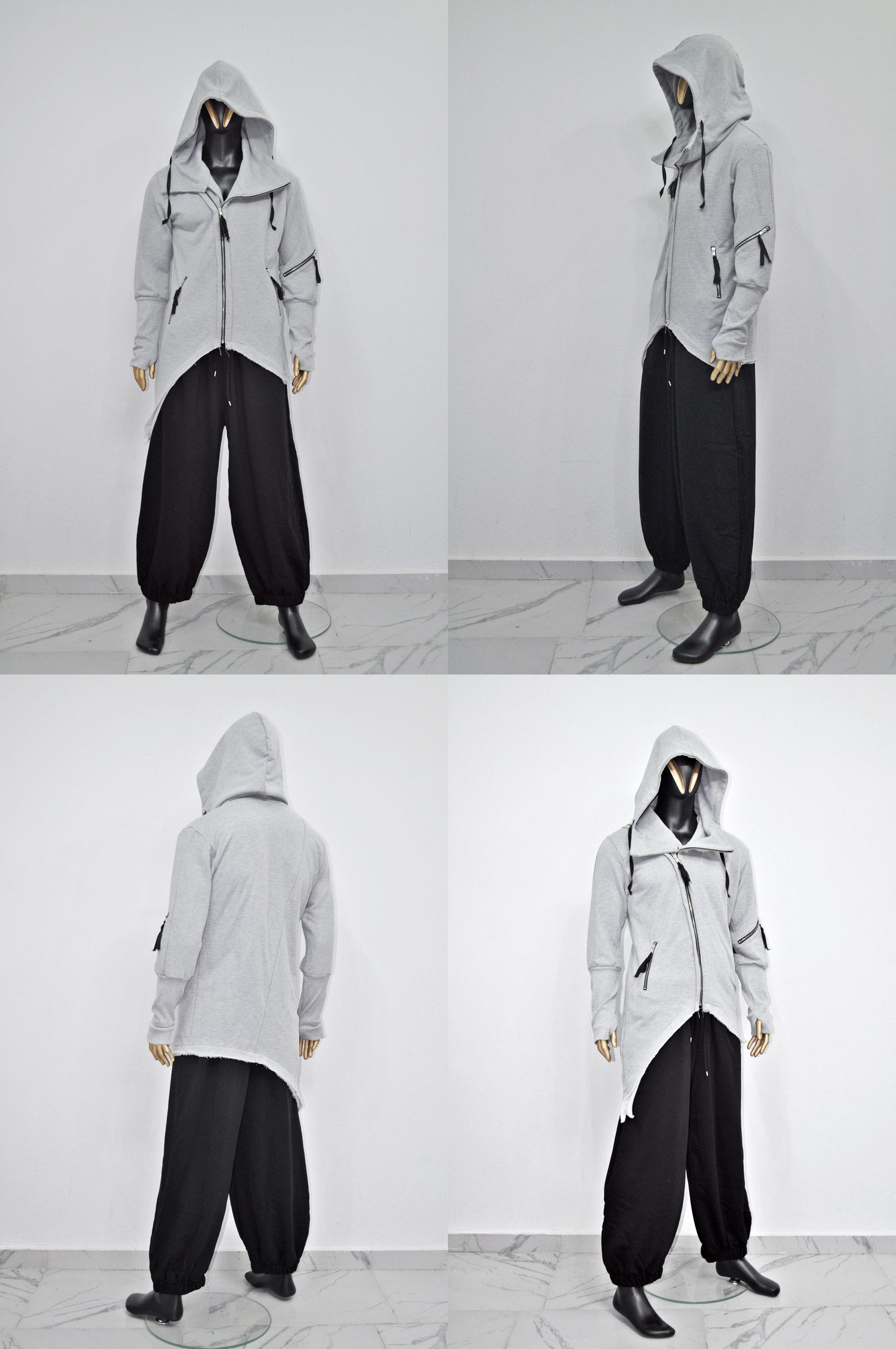 XS-8XL Men's Asymmetric Cut, Fleece Pullover, Black Jumper Top, Ashassin Tech Zipper Sleeve Goth Long Jacket Hoodie, Handmade Gift - BB0175