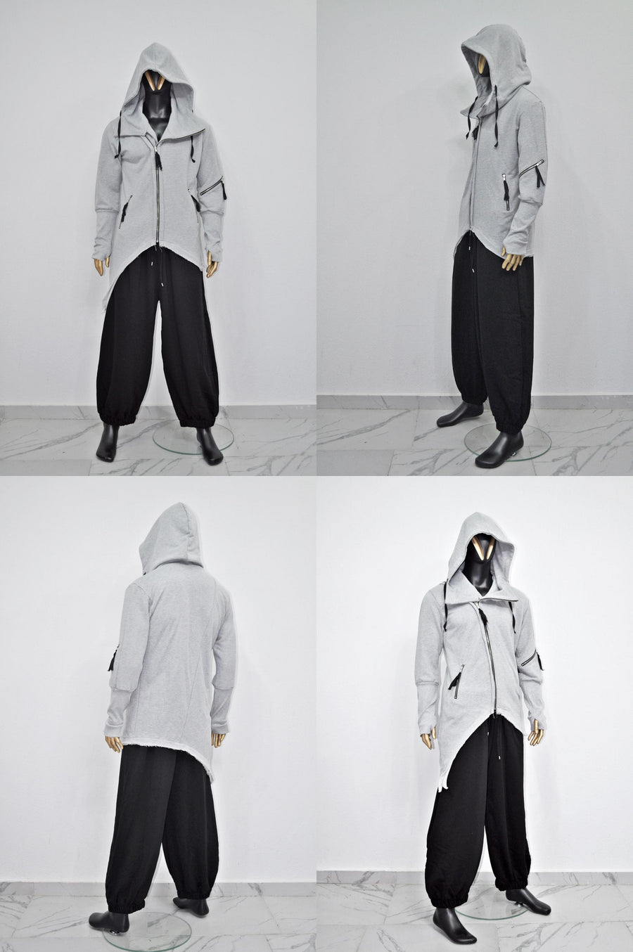 XS-8XL Men's Asymmetric Cut, Fleece Pullover, Black Jumper Top, Ashassin Tech Zipper Sleeve Goth Long Jacket Hoodie, Handmade Gift - BB0175