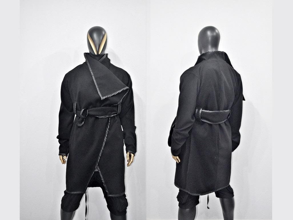 XS-8XL XS-8XL Asymmetrical Woolen Long Coat, High Collar Jacket, Leather Belt Cardigan,Winter Original Design Trim, Dark Gothic BTS -BB904
